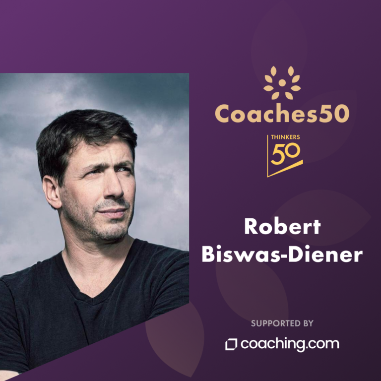 A banner announcement for the Coaches 50 award featuring a head shot of awardee Robert Biswas-Diener