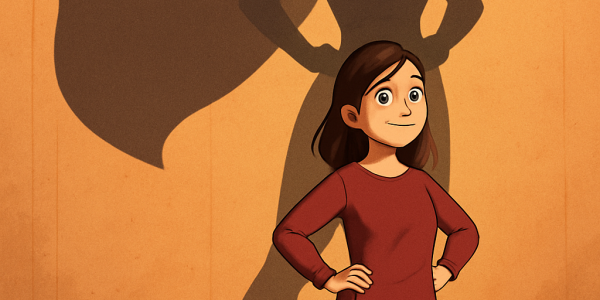 a girl stands with her hands on her hips. Her shadow is cast on the wall behind her. Her shadow depicts a superhero with a cape billowing to one side.